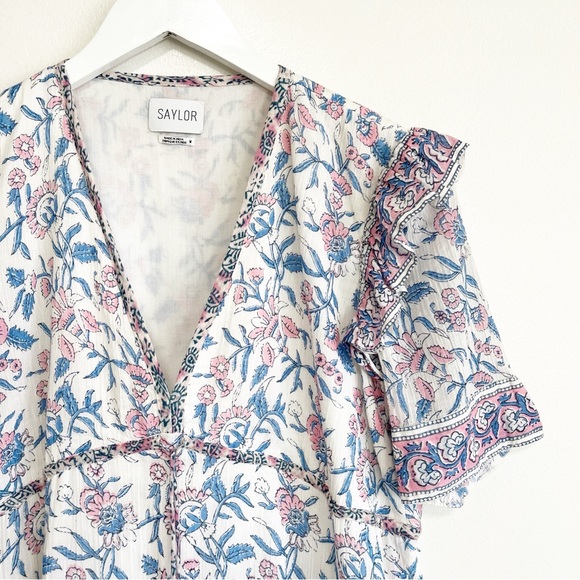 SAYLOR Evelynne Blockprint Floral Mini Tiered Dress Cotton Size Medium - Picture 3 of 9